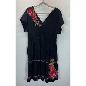 Johnny Was Nya Tiered Floral Embroidery Knit Black Boho Dress Size XXL casual